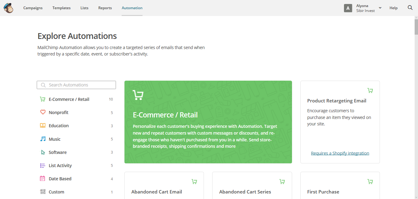 Скриншот (снимок экрана) MailChimp