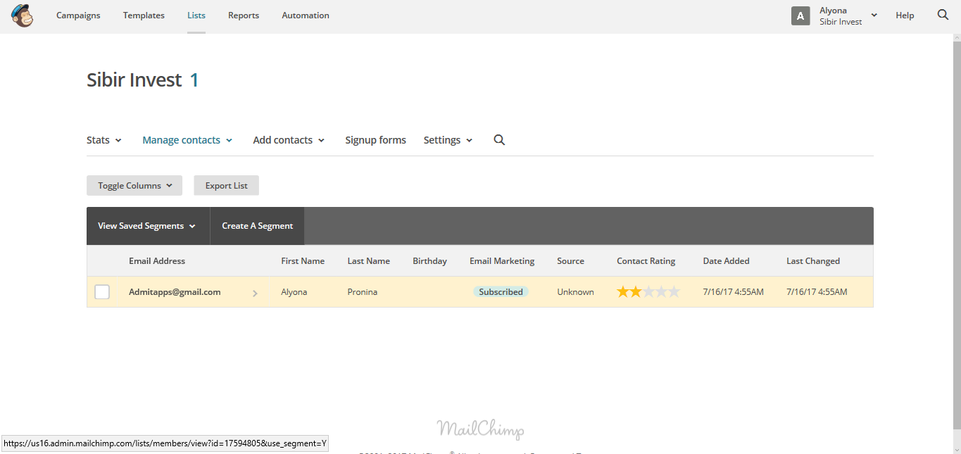 Скриншот (снимок экрана) MailChimp