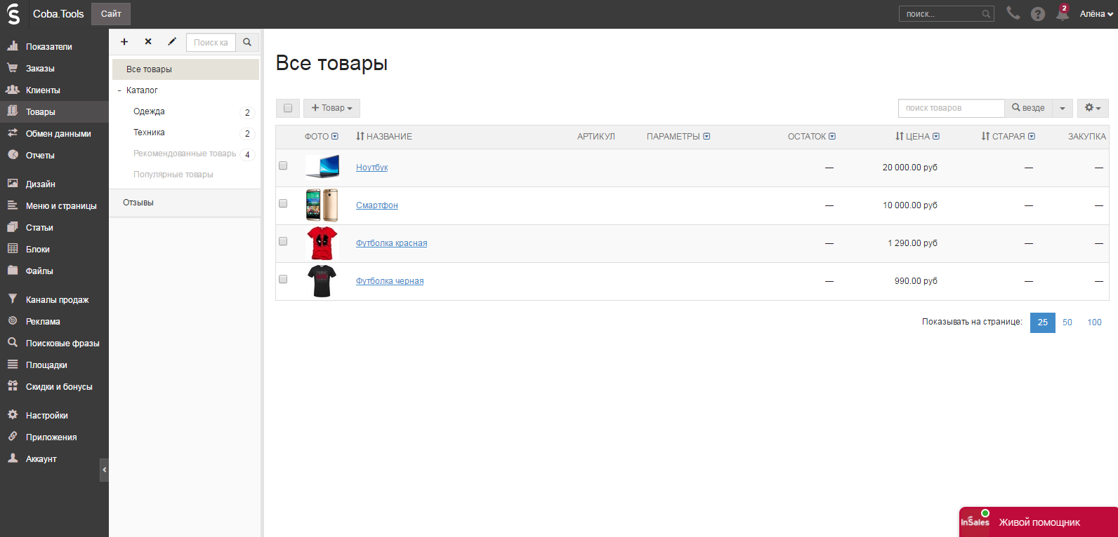 Скриншот (снимок экрана) InSales