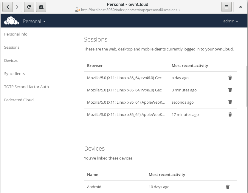 Скриншот (снимок экрана) OwnCloud