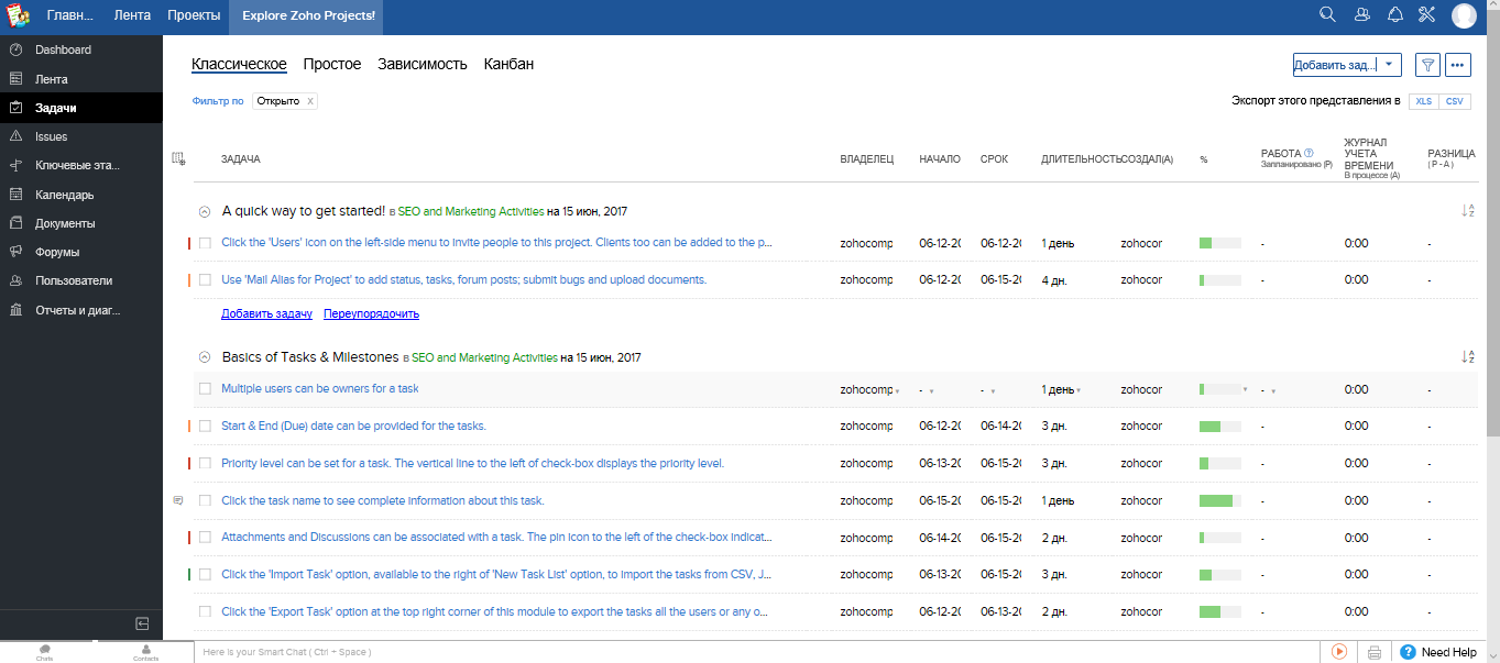 Скриншот (снимок экрана) Zoho Projects