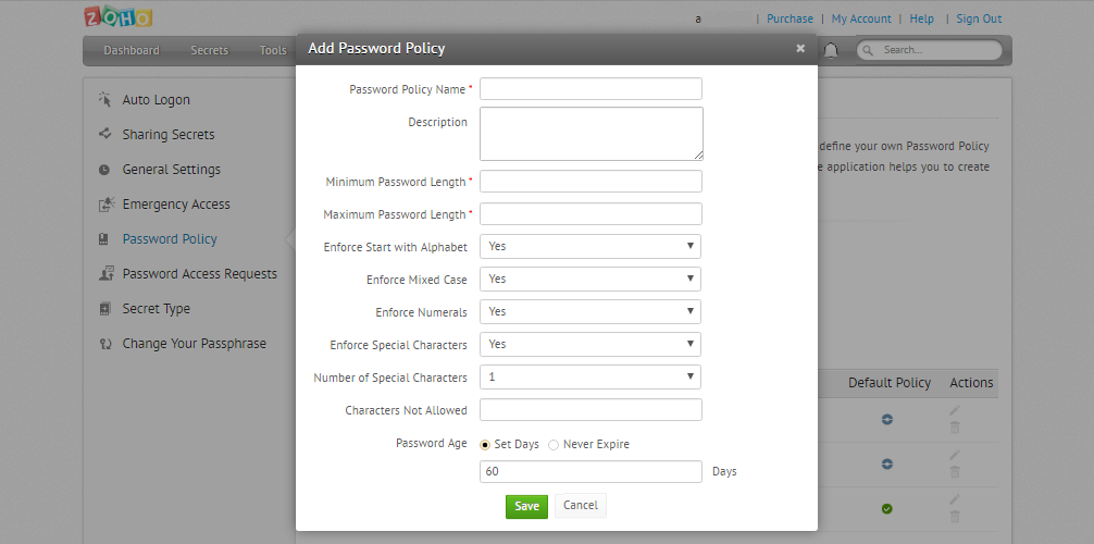 Скриншот (снимок экрана) Zoho Vault