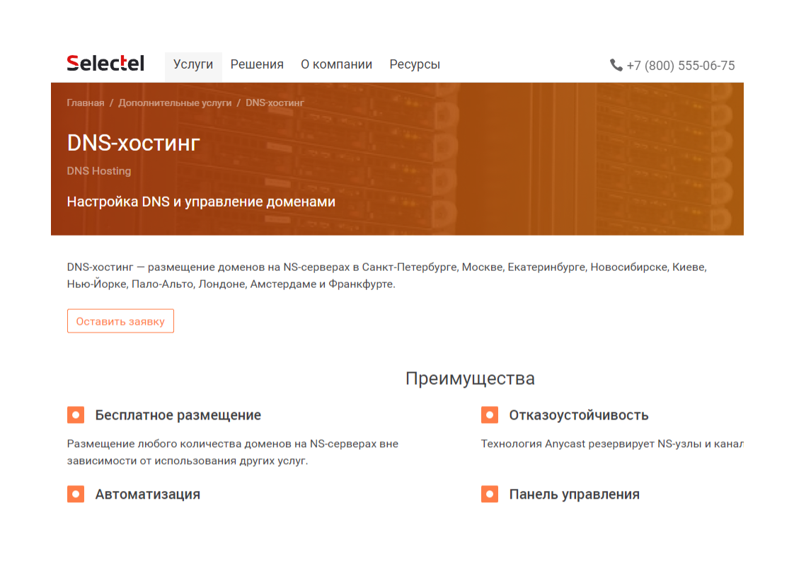 Скриншот (снимок экрана) Selectel
