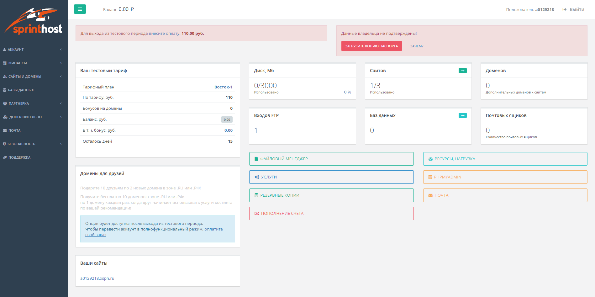 Скриншот (снимок экрана) Sprinthost