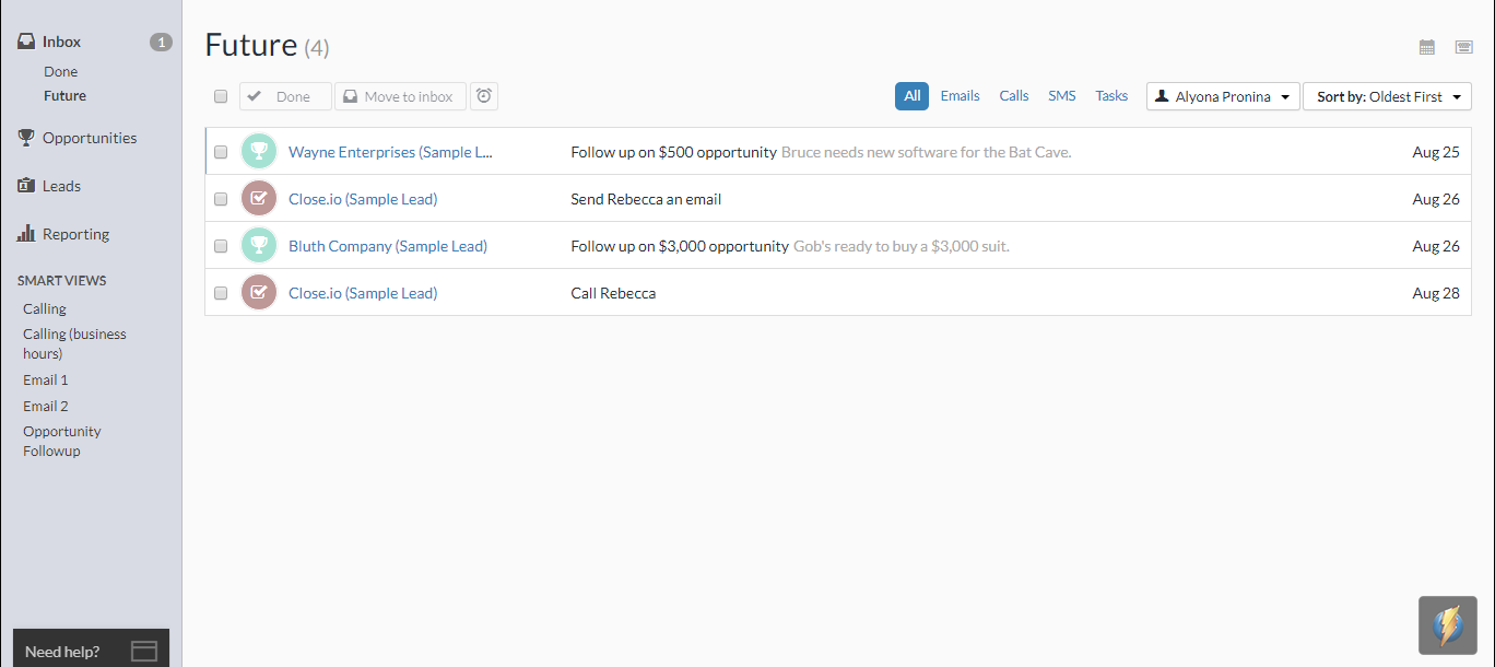 Скриншот (снимок экрана) Close.io