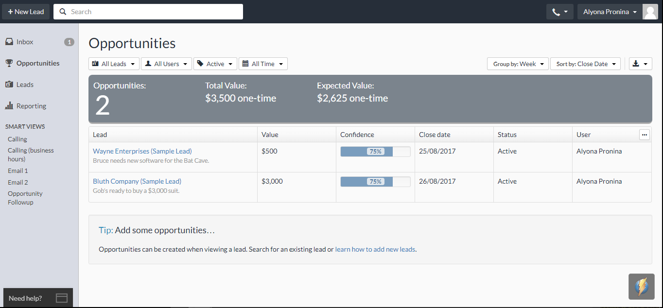 Скриншот (снимок экрана) Close.io