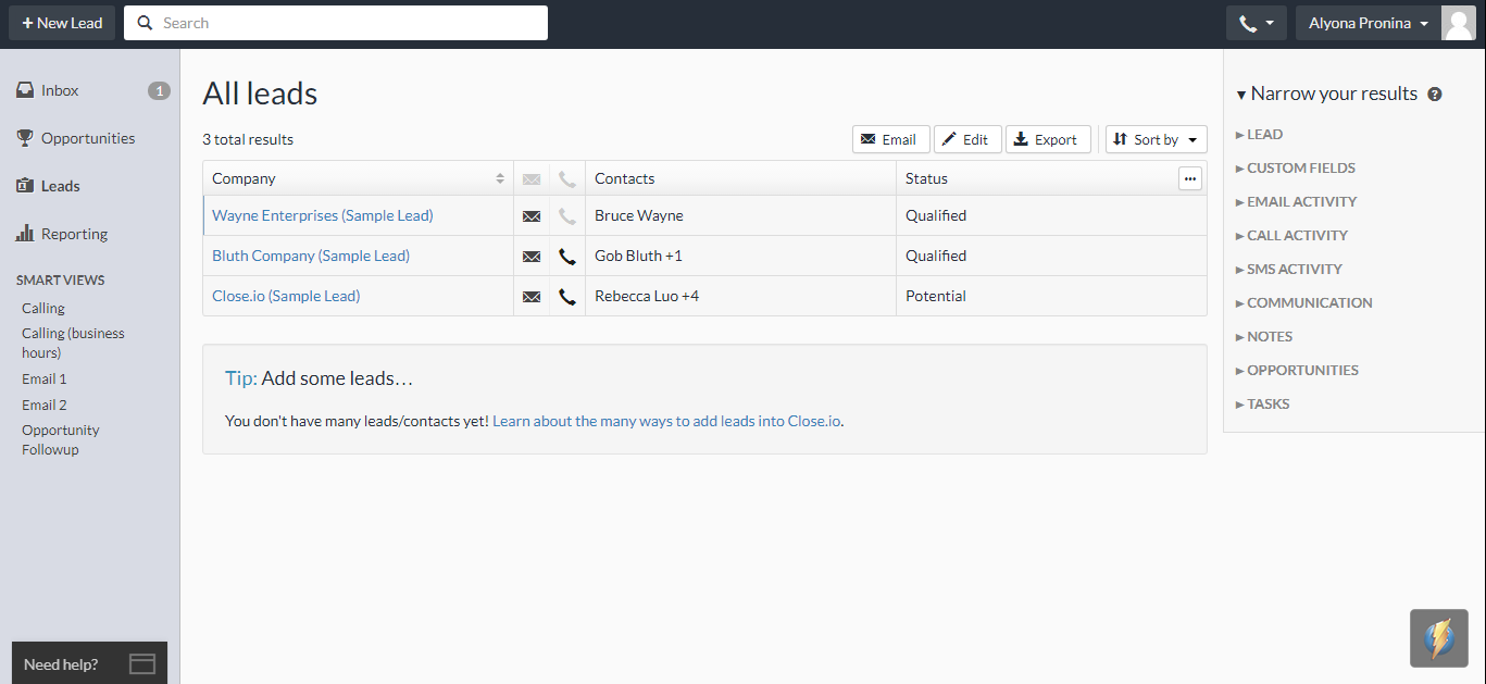Скриншот (снимок экрана) Close.io
