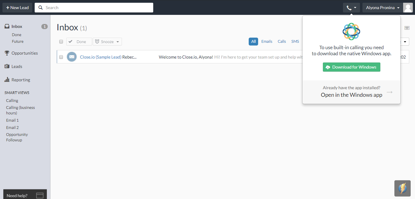 Скриншот (снимок экрана) Close.io
