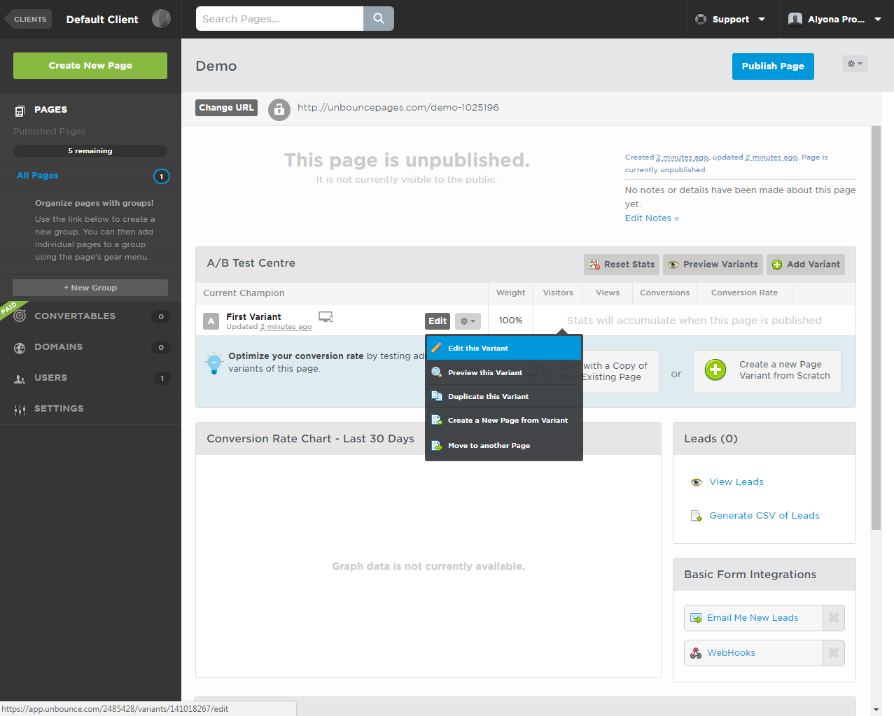 Скриншот (снимок экрана) Unbounce