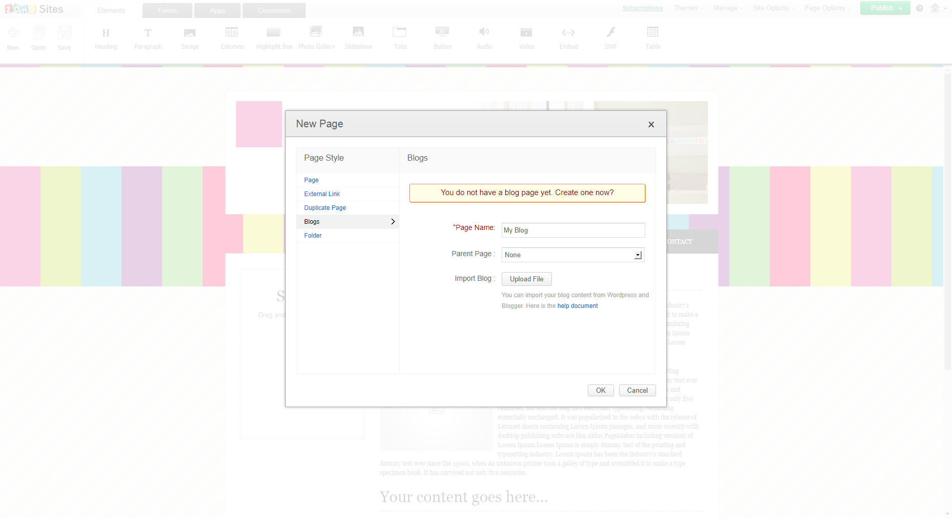 Скриншот (снимок экрана) Zoho Sites
