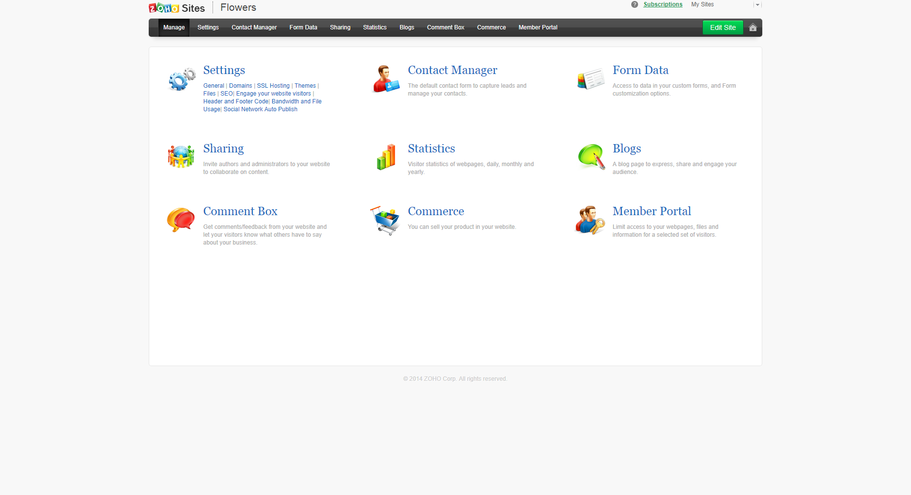 Скриншот (снимок экрана) Zoho Sites