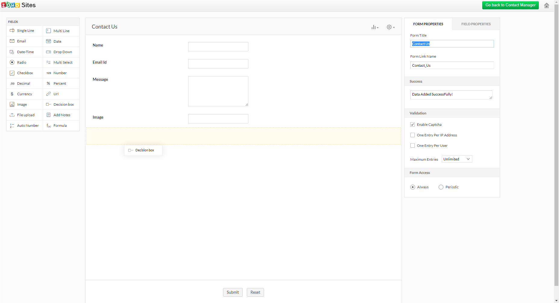 Скриншот (снимок экрана) Zoho Sites