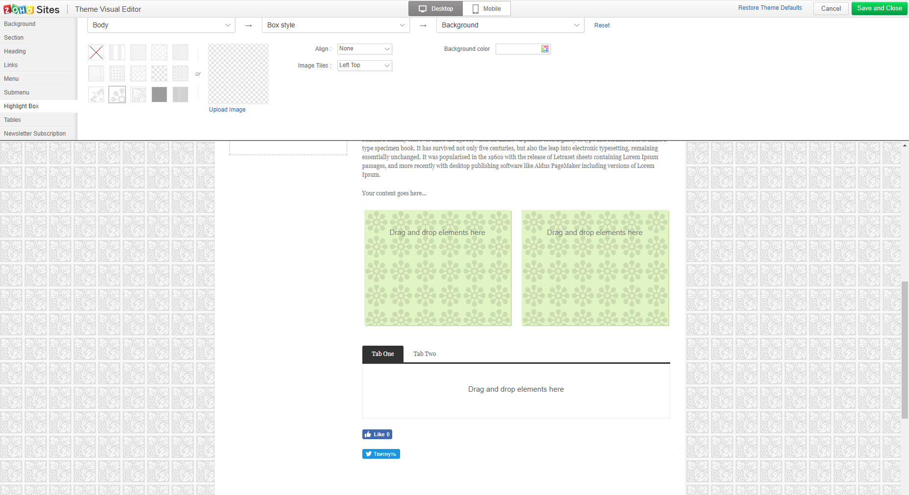 Скриншот (снимок экрана) Zoho Sites