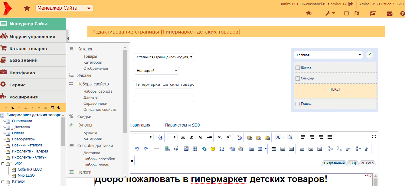 Скриншот (снимок экрана) Amiro.CMS
