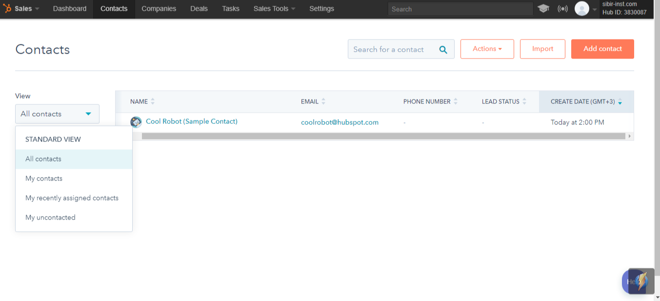 Скриншот (снимок экрана) HubSpot