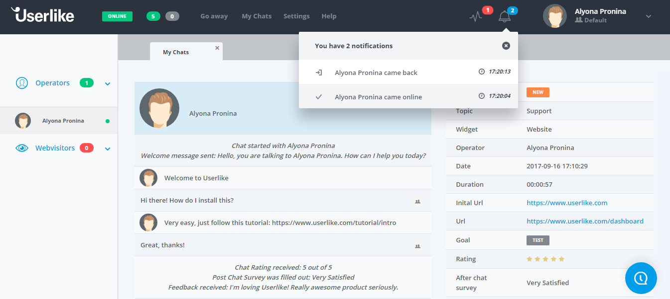 Скриншот (снимок экрана) Userlike Live Chat