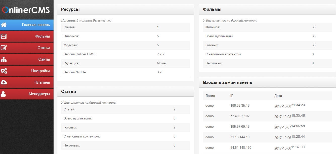 Скриншот (снимок экрана) OnlinerCMS