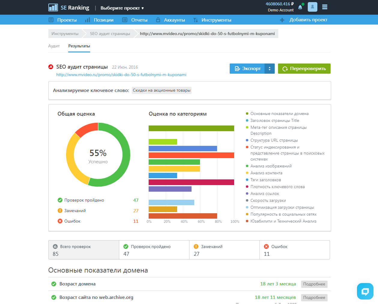 Скриншот (снимок экрана) SE Ranking