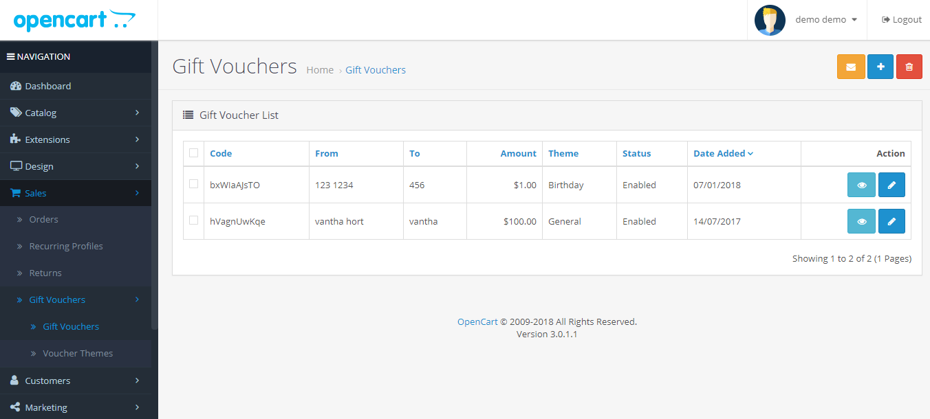 Скриншот (снимок экрана) OpenCart