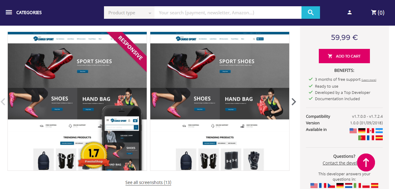 Скриншот (снимок экрана) PrestaShop