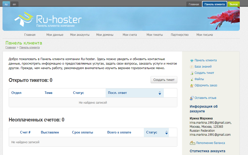 Скриншот (снимок экрана) Ru-hoster