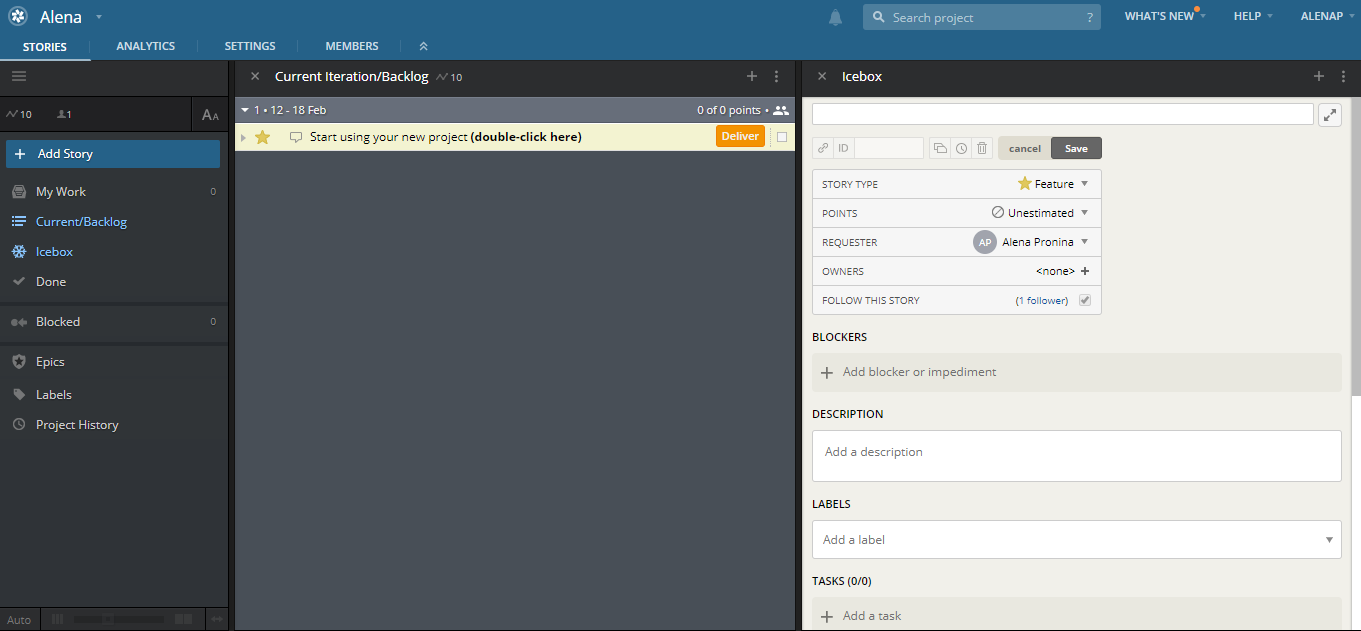 Скриншот (снимок экрана) Pivotal Tracker