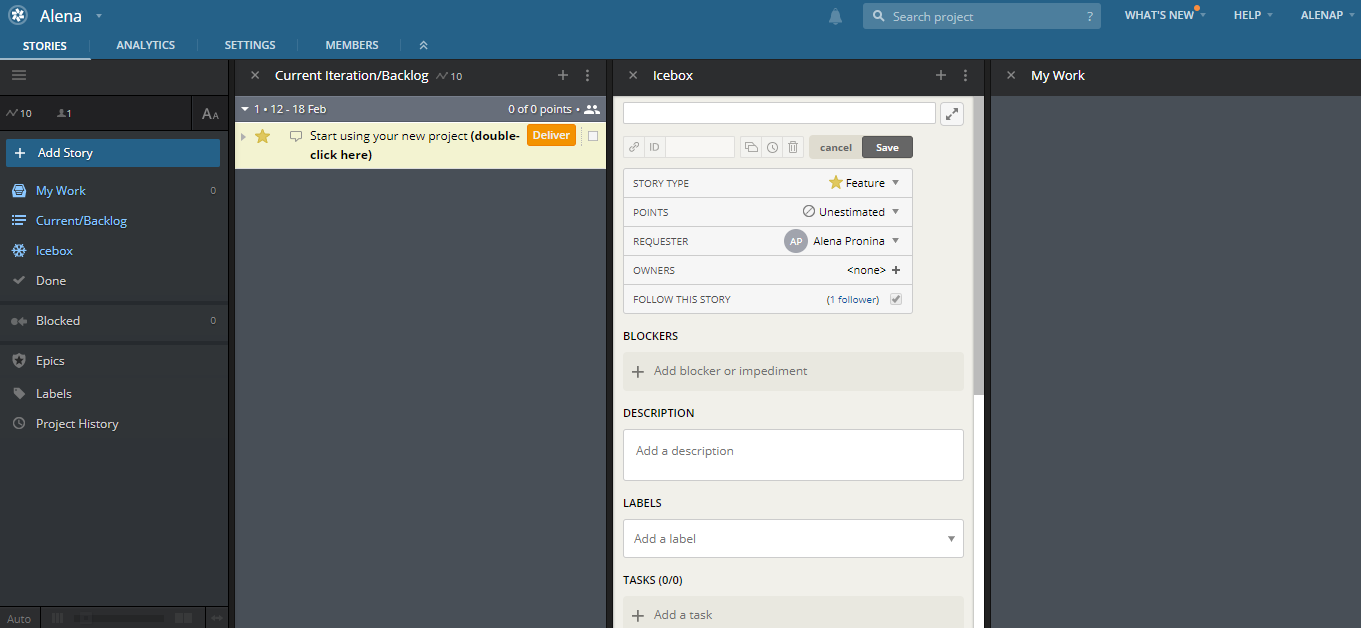 Скриншот (снимок экрана) Pivotal Tracker