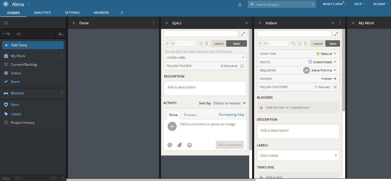 Скриншот (снимок экрана) Pivotal Tracker