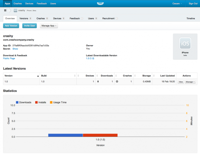 Скриншот (снимок экрана) HockeyApp