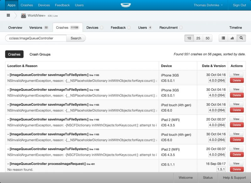 Скриншот (снимок экрана) HockeyApp
