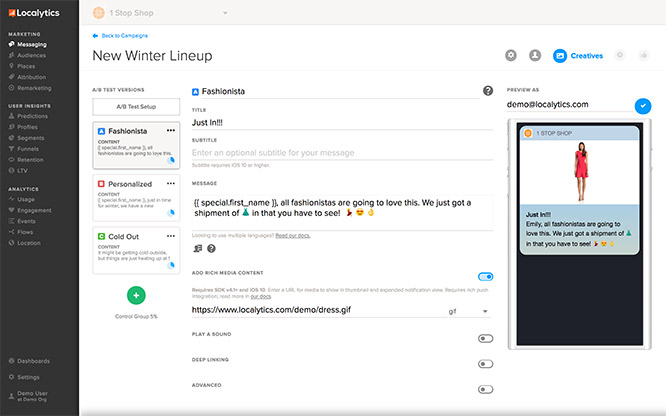 Скриншот (снимок экрана) Localytics