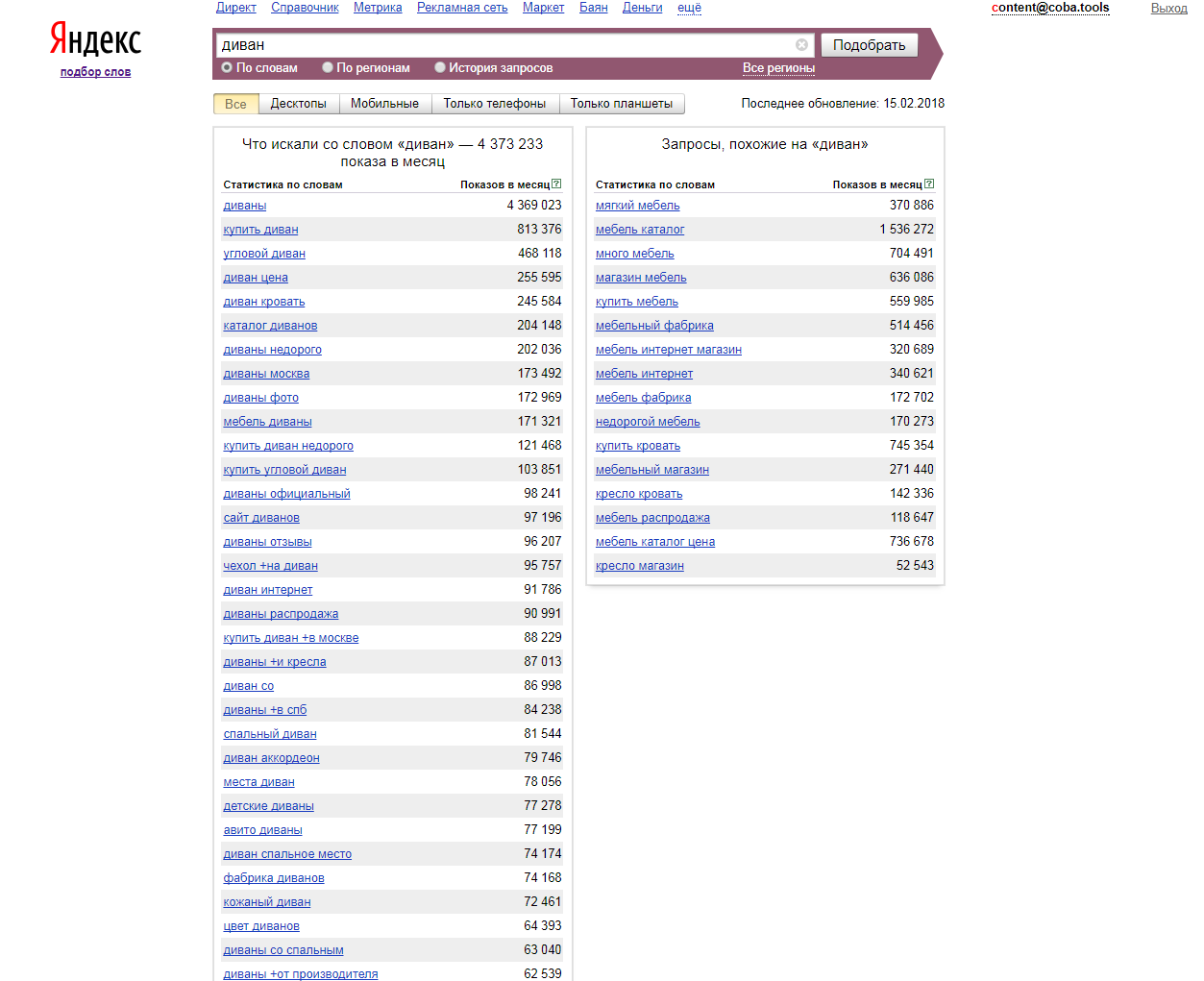 Скриншот (снимок экрана) Яндекс Вордстат