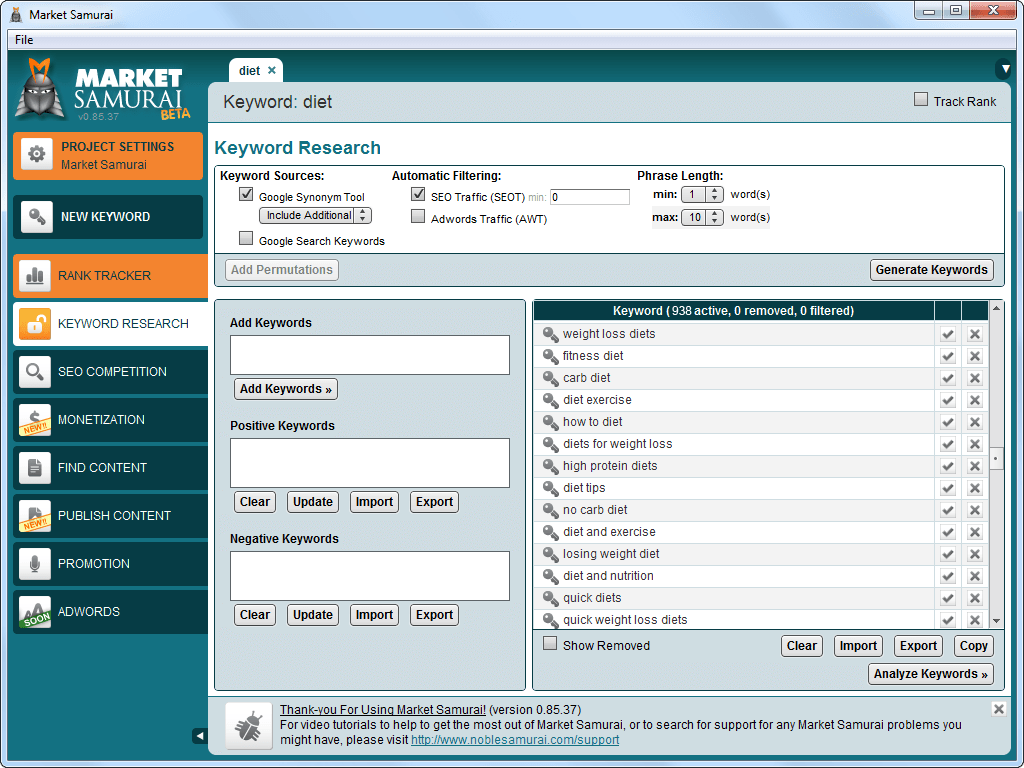 Скриншот (снимок экрана) Market Samurai