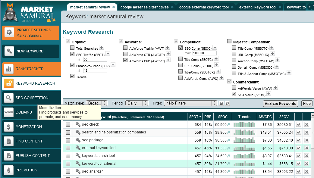 Скриншот (снимок экрана) Market Samurai