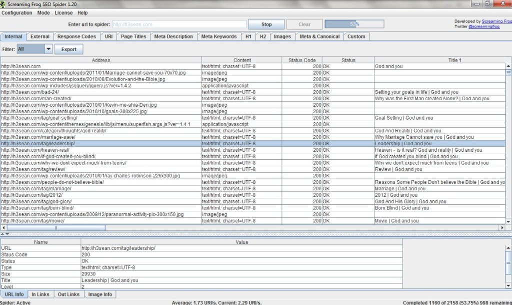 Скриншот (снимок экрана) Screaming Frog SEO Spider