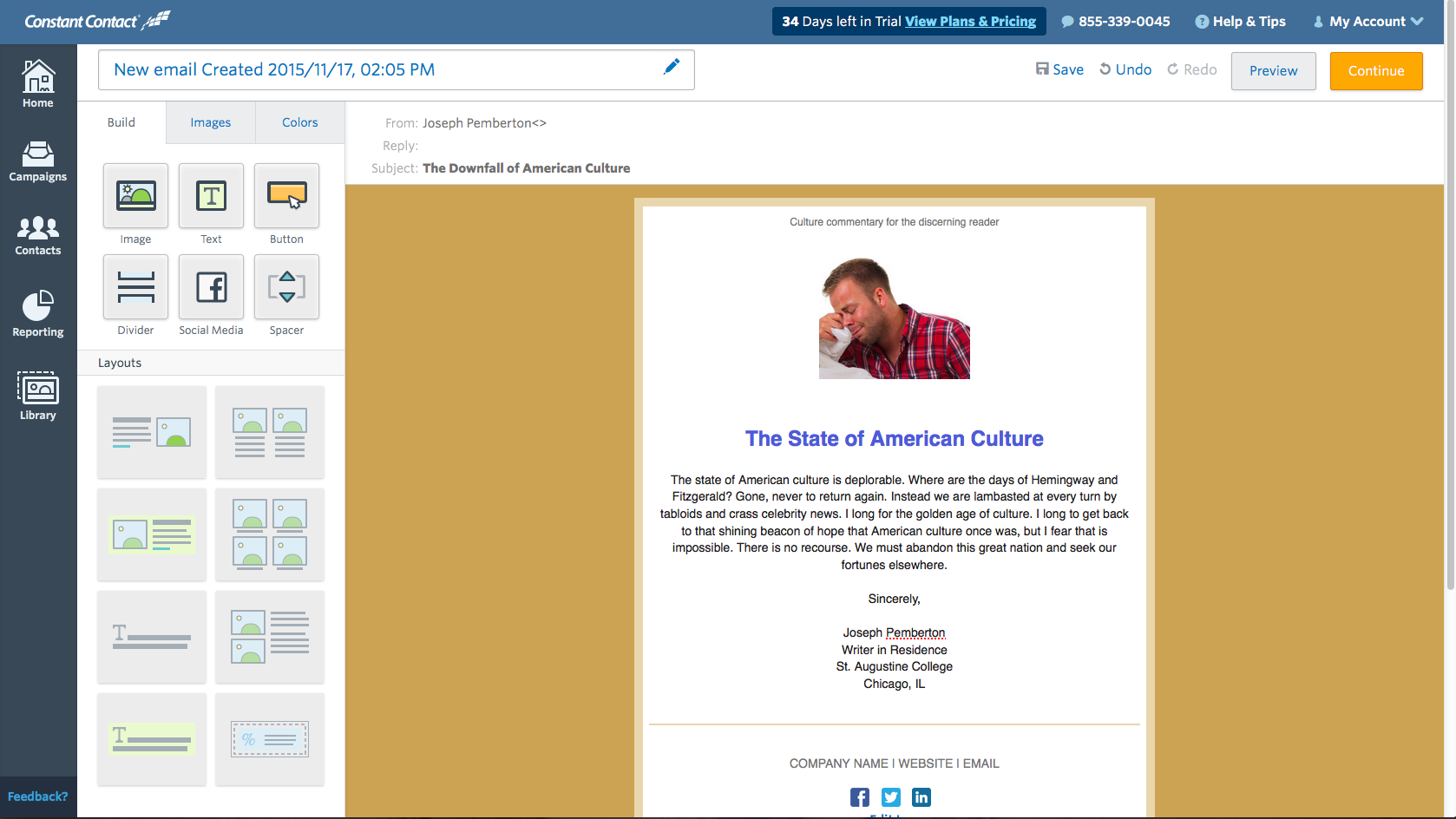 Скриншот (снимок экрана) Constant Contact