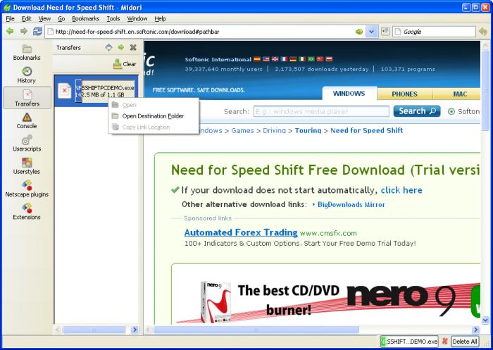 Скриншот (снимок экрана) Midori
