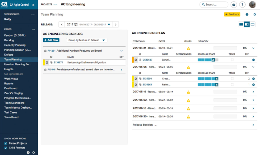 Скриншот (снимок экрана) CA Agile Central