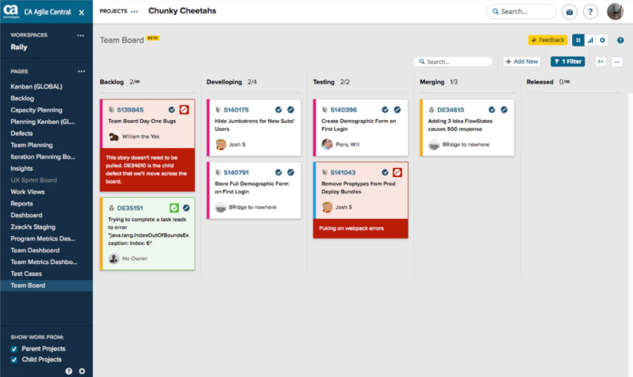 Скриншот (снимок экрана) CA Agile Central