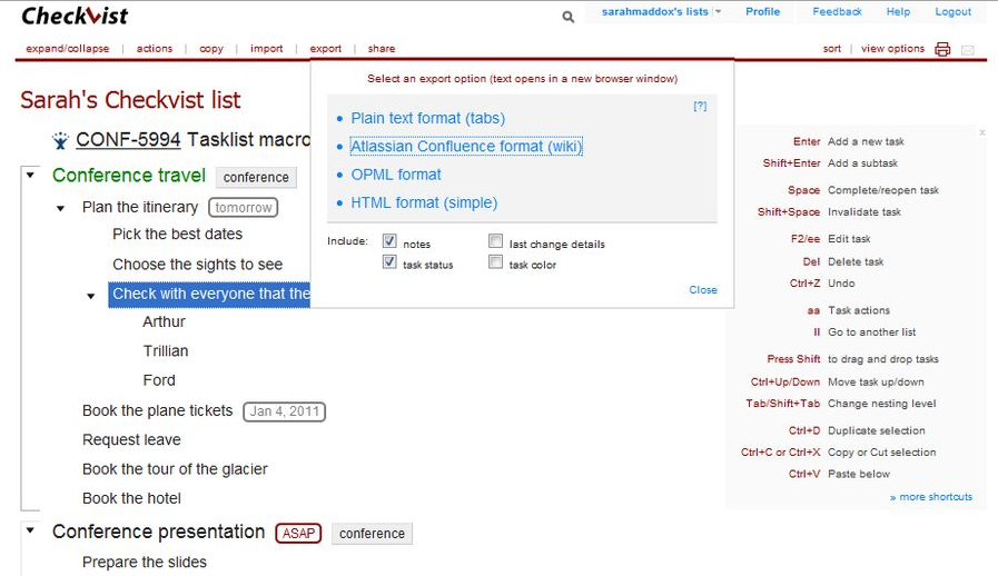 Скриншот (снимок экрана) Checkvist