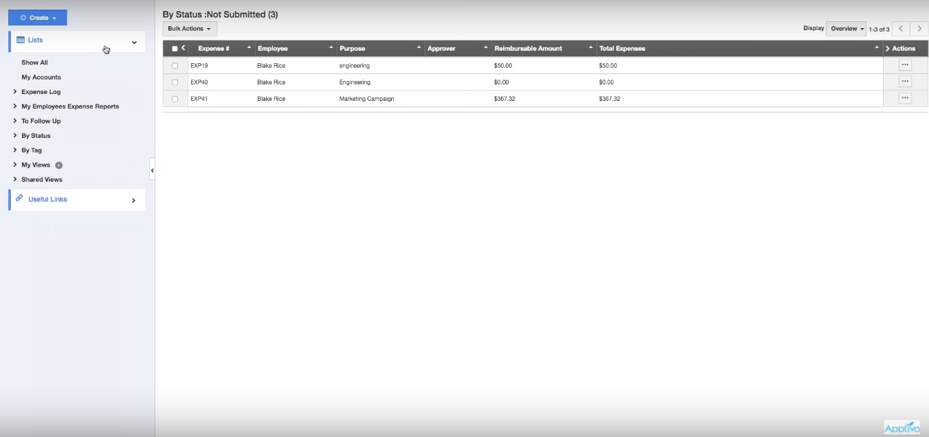 Скриншот (снимок экрана) Apptivo Expense Reports