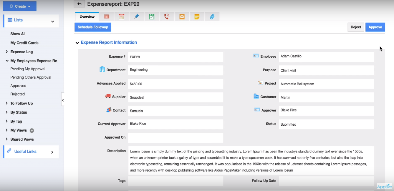 Скриншот (снимок экрана) Apptivo Expense Reports