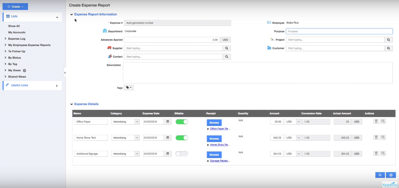 Скриншот (снимок экрана) Apptivo Expense Reports