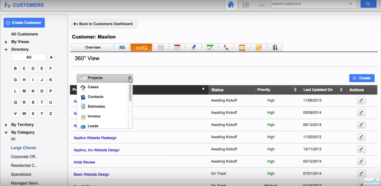 Скриншот (снимок экрана) Apptivo Project Management