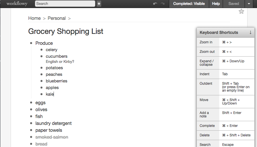 Скриншот (снимок экрана) Workflowy