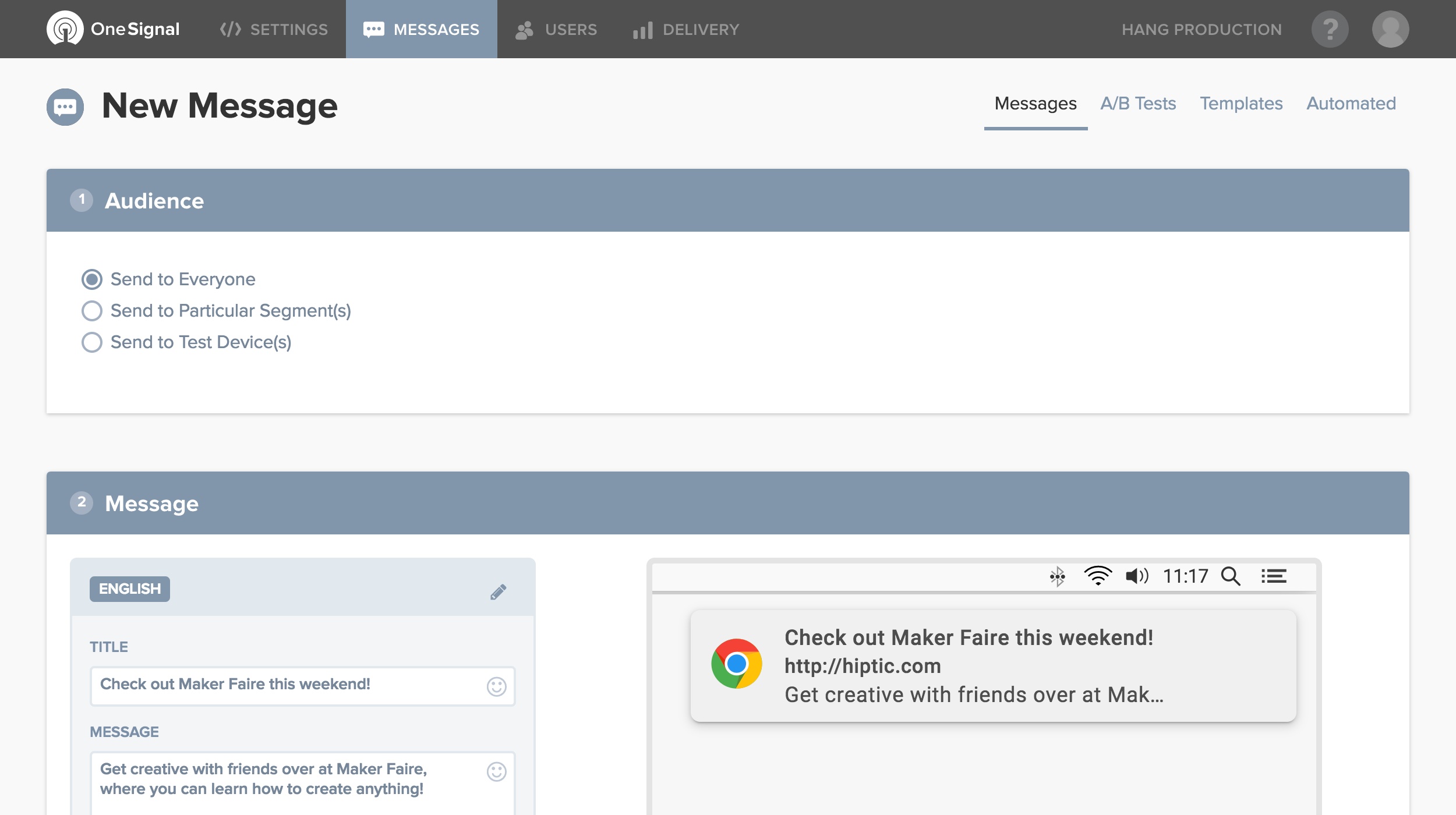 Скриншот (снимок экрана) Onesignal