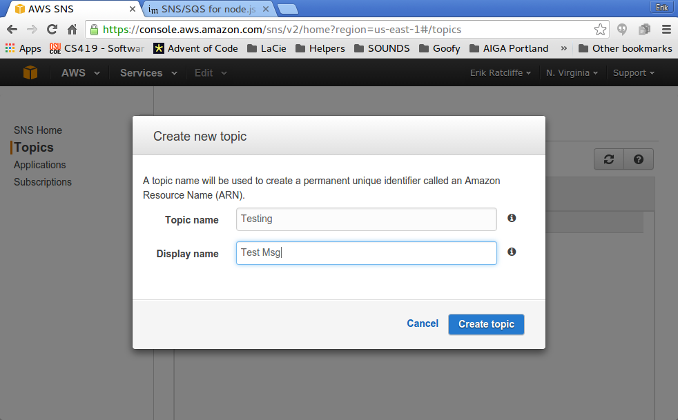 Скриншот (снимок экрана) Amazon Simple Notification Service (SNS)