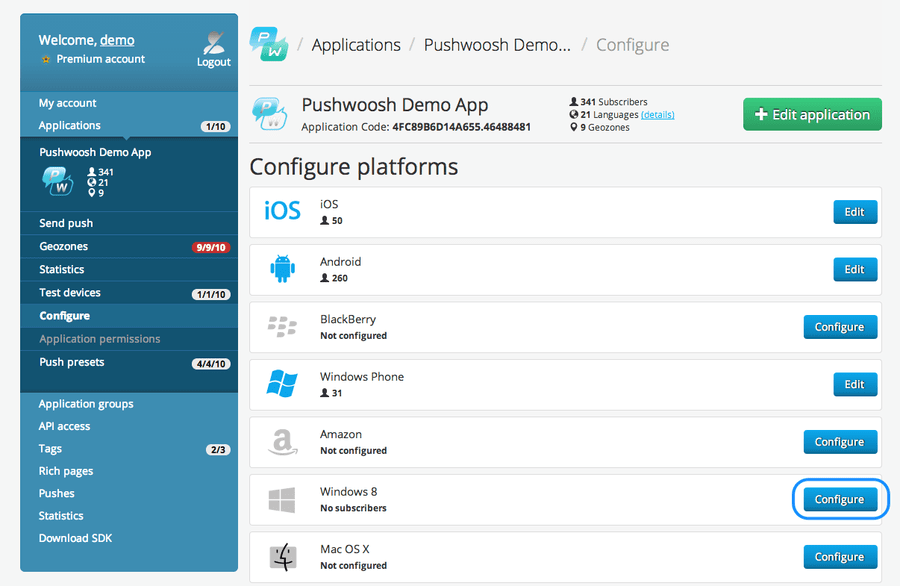 Скриншот (снимок экрана) Pushwoosh