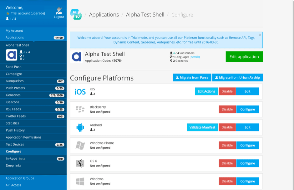 Скриншот (снимок экрана) Pushwoosh