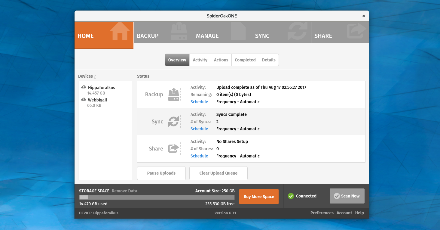 Скриншот (снимок экрана) SpiderOak